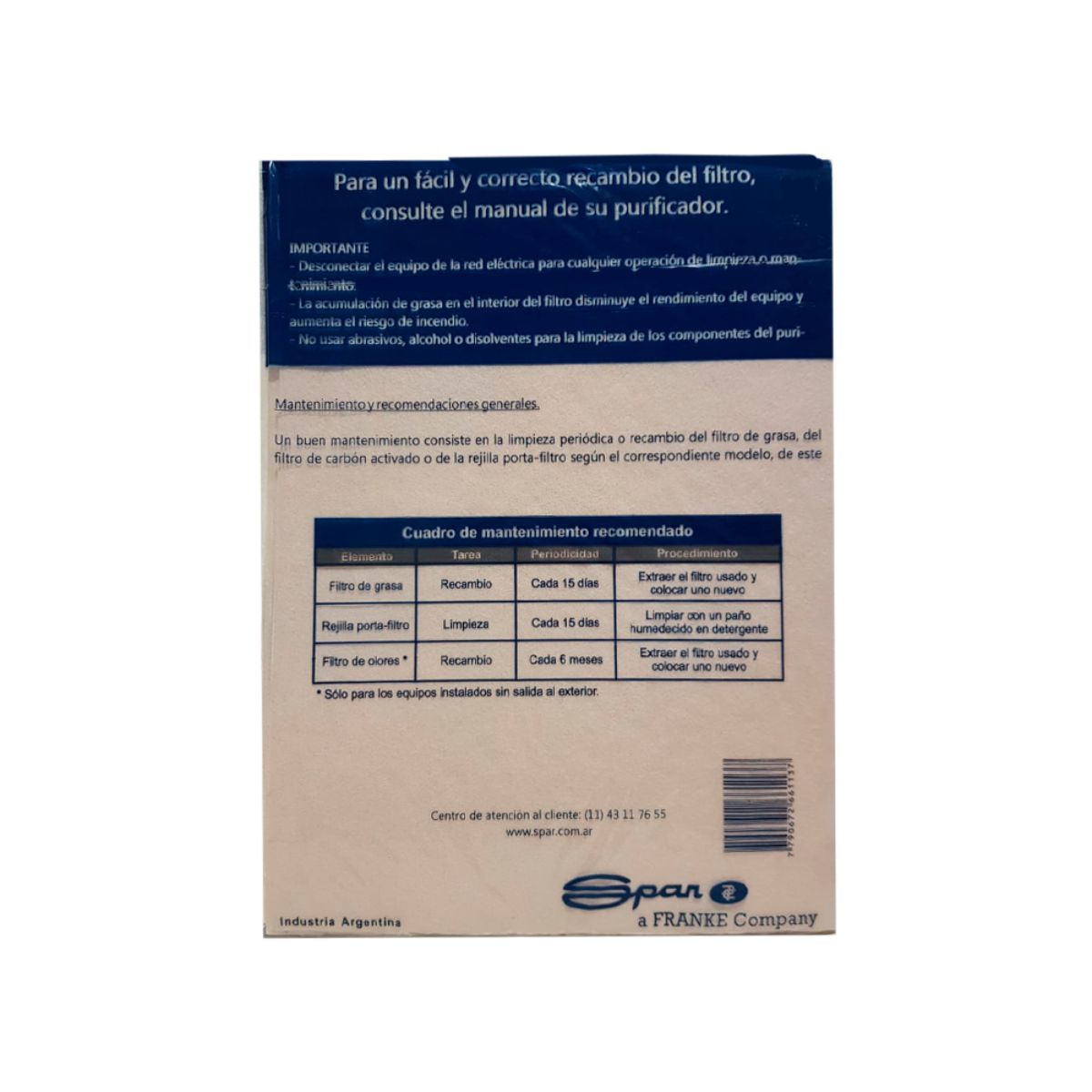 Filtro Para Grasa Purificadores 2 Unidades Spar 0261 - Pireo